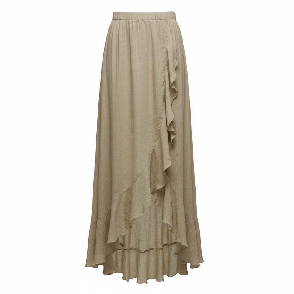Woven Ruffle Wrap Maxi Skirt - Beige